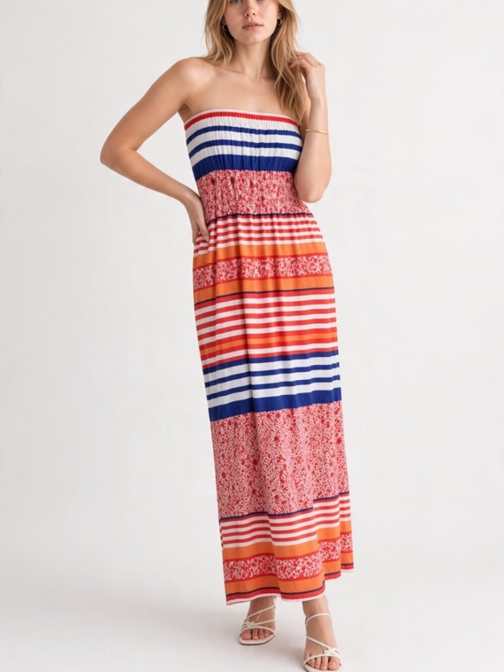 Tommy Bahama Maxi Bandeau Dress Orange Red Stripes Floral Rayon Sundress Coastal